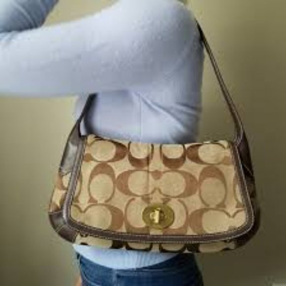 Coach Handbags - Coach Brown/Tan Signature Shoulder Curved Bag